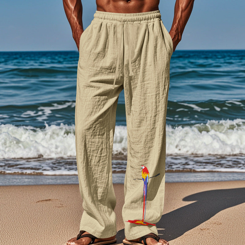 Casual beach pants for men with elastic waistband and colorful bird pattern Chic and Style