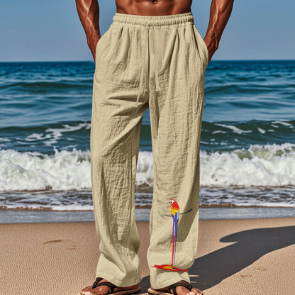 Casual beach pants for men with elastic waistband and colorful bird pattern Chic and Style