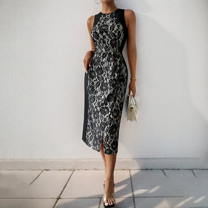 Femme Élégant Midi Robe avec Détail en Dentelle et Fente Latérale Chic und Stil