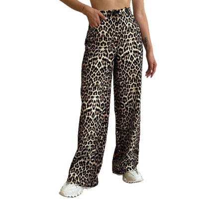 Loose leopard denim pants for women with elastic waistband Chic and Style