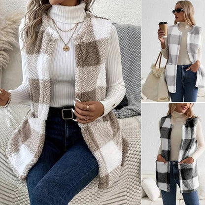 Dames Gilet Douillet avec Motif à Carreaux Tendance Chic und Stil