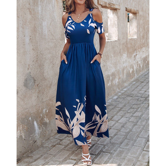 Femmes Robe Maxi Fleurs Épaule Démontée Chic und Stil
