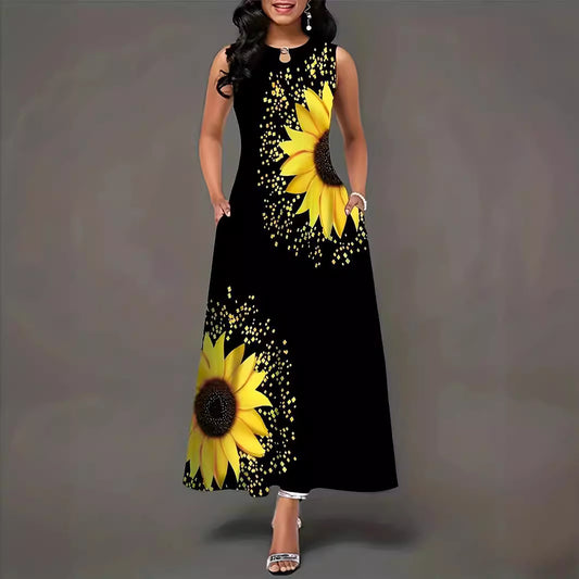 Robe maxi dames avec motif de tournesols colorés et poches pratiques Chic und Stil