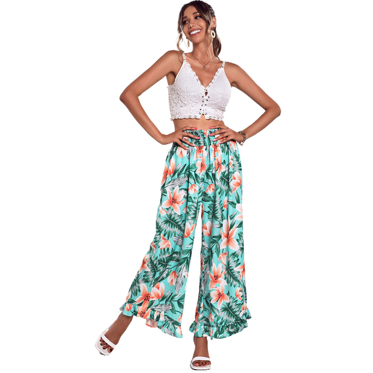 Wide palazzo pants for women with a floral design and an elastic waistband Chic and Style