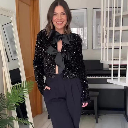Dames Élégante Veste avec Ornements en Paillettes et Détail de Nœud Chic und Stil
