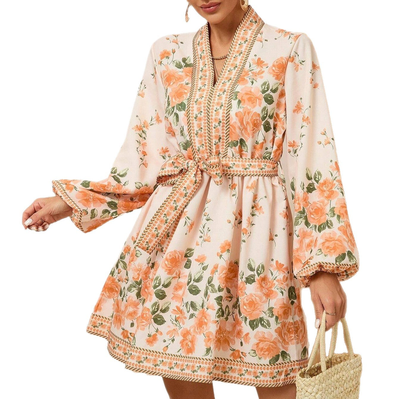 Robe d'été florale pour femmes avec un élégant cordon de taille et des manches longues Chic und Stil