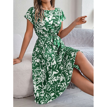 Robe A-ligne à imprimé floral pour dames avec taille ceinturée Chic und Stil