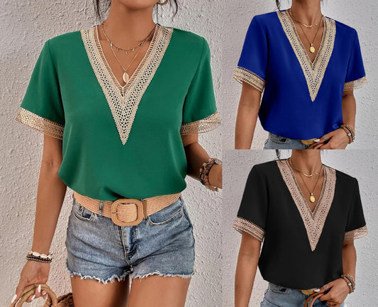 Blouse élégante à col en V avec dentelle pour femmes Chic und Stil