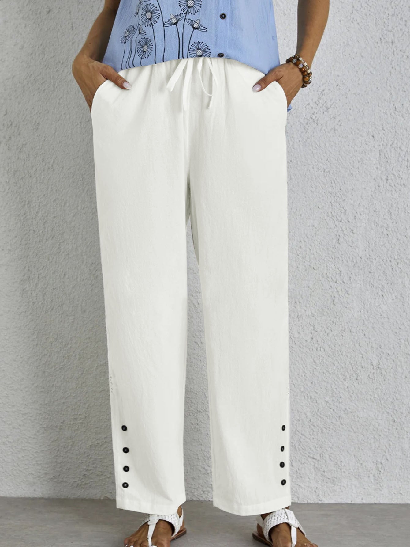 Women Elastic Waist Casual Cut Pants with Chic Button Details