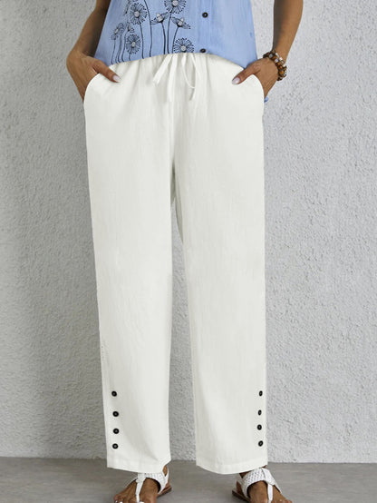 Women Elastic Waist Casual Cut Pants with Chic Button Details