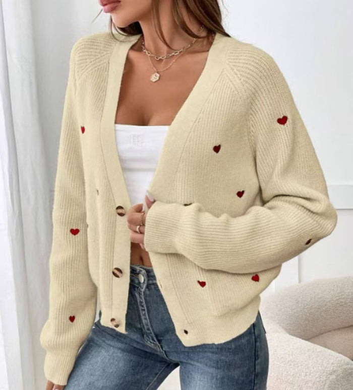 Dames cardigan décontracté avec applications en forme de cœur et décolleté en V profond Chic und Stil