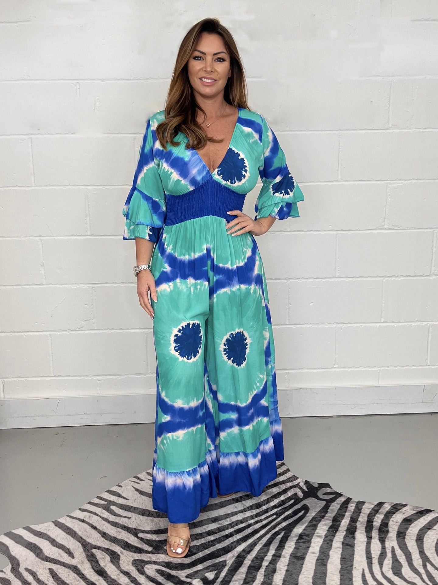 Ladies Elegant Maxi Dress with Floral Pattern and Deep V Neckline Chic and Stylish