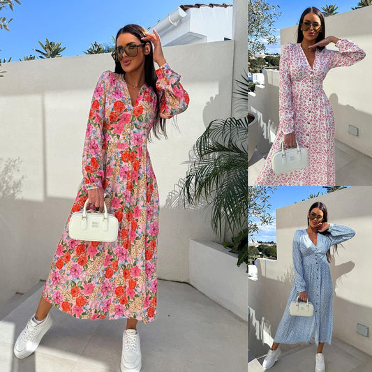 Robe maxi imprimé floral pour femmes avec patte de boutonnage Chic und Stil