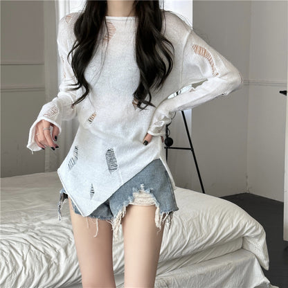 Pull en tricot stylé pour femmes avec des déchirures décontractées et un ourlet asymétrique Chic und Stil
