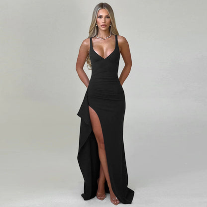 Robes maxi élégantes pour femmes avec fente latérale et décolleté en V séduisant Chic und Stil