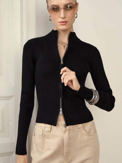 Pull-over en tricot pour dames avec fermeture éclair haute et structure en côtes Chic und Stil