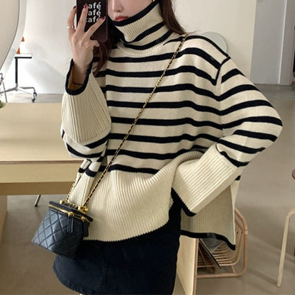 Pull à col montant décontracté pour femmes avec motif à rayures Chic und Stil
