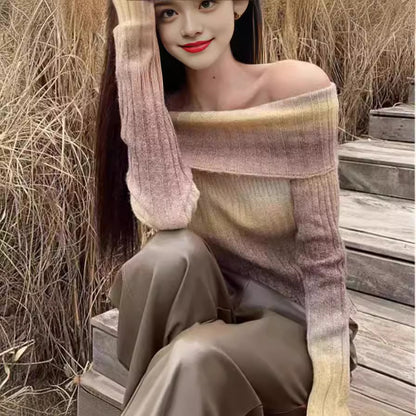 Pull asymétrique à la mode pour femmes avec décolleté off-shoulder et texture côtelée Chic und Stil
