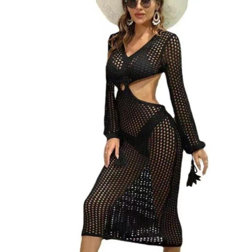 Robe maxi en crochet pour femmes avec des détails découpés et une ceinture décorative Chic und Stil