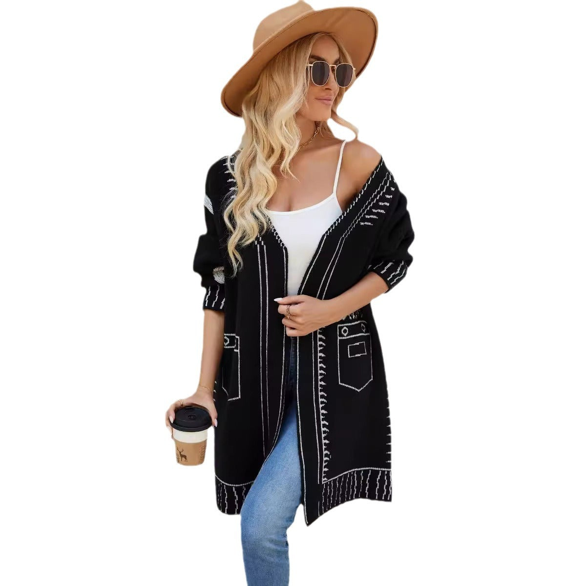 Cardigan en tricot décontracté pour femmes avec motif unique et décolleté en V profond Chic und Stil