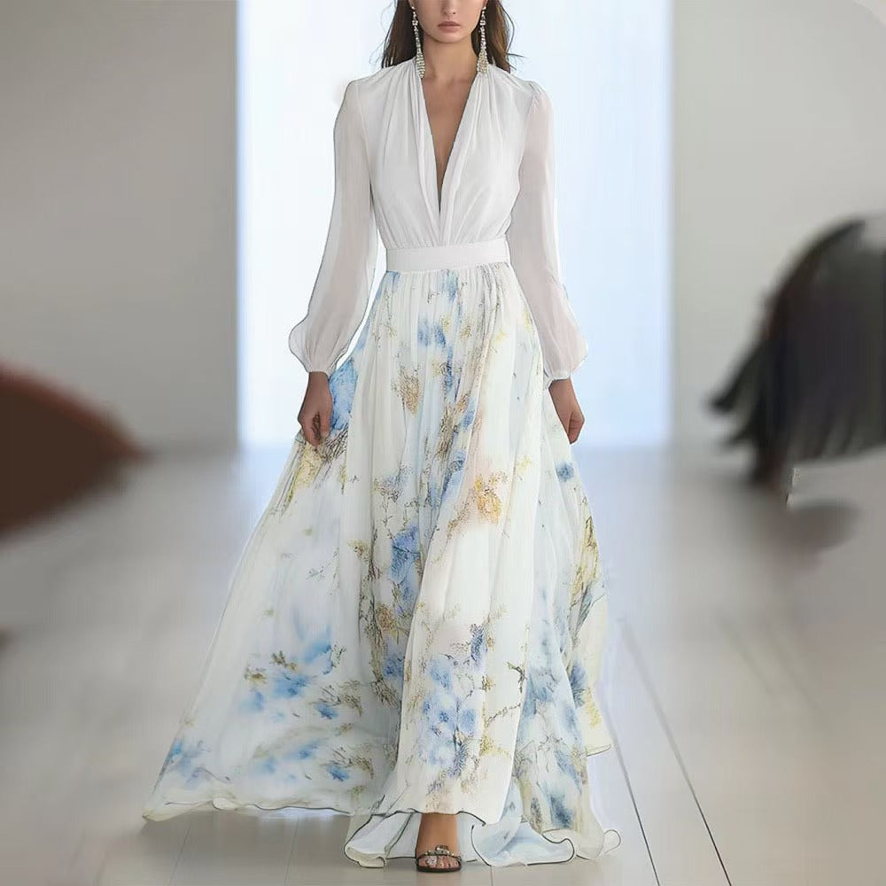 Robe maxi femme en chiffon floral avec des manches bouffantes élégantes Chic und Stil
