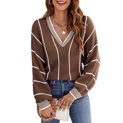 Pull en tricot pour femmes avec décolleté en V et motif rayé décontracté Chic und Stil