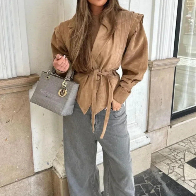 Chic and Style women's suede fashion jacket with belted waist
