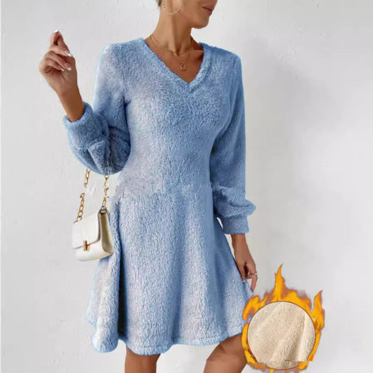 Dames Robe Douce à Col V avec Manches Longues Chic und Stil