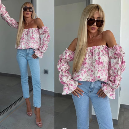 Blouse à fleurs off-shoulder pour femmes avec manches ballon Chic und Stil