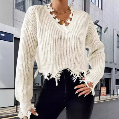 Pull-over en tricot oversize pour femmes avec ourlet à franges et décolleté raffiné Chic und Stil