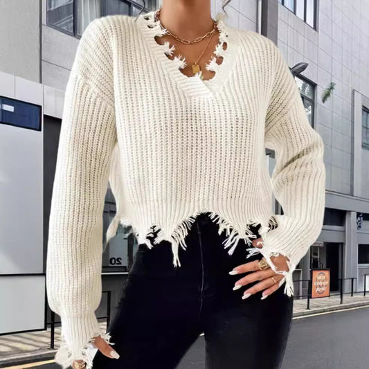 Pull-over en tricot oversize pour femmes avec ourlet à franges et décolleté raffiné Chic und Stil