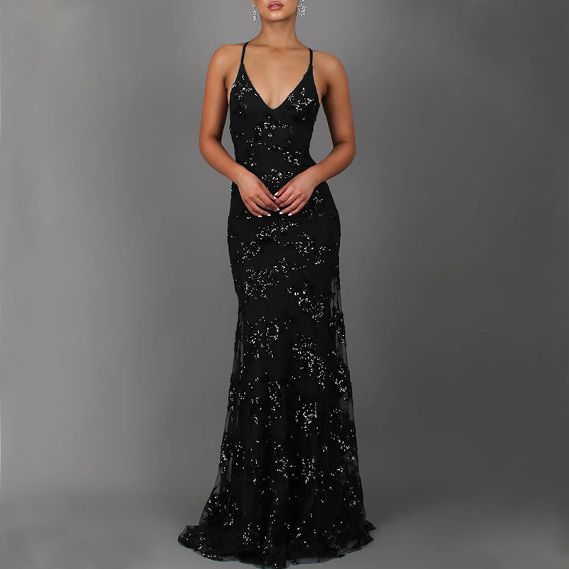 Robe de soirée scintillante pour femmes avec fente avant et décolleté profond au dos Chic und Stil