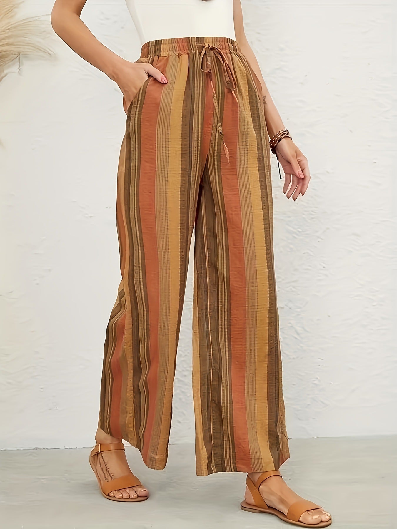 Wide striped pants for women with elastic waist and practical tie belt Chic and Style