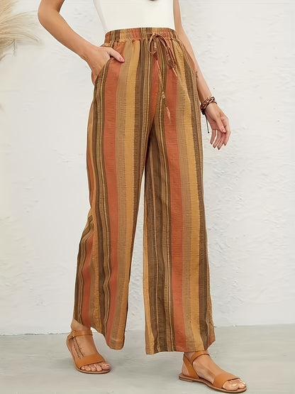Wide striped pants for women with elastic waist and practical tie belt Chic and Style