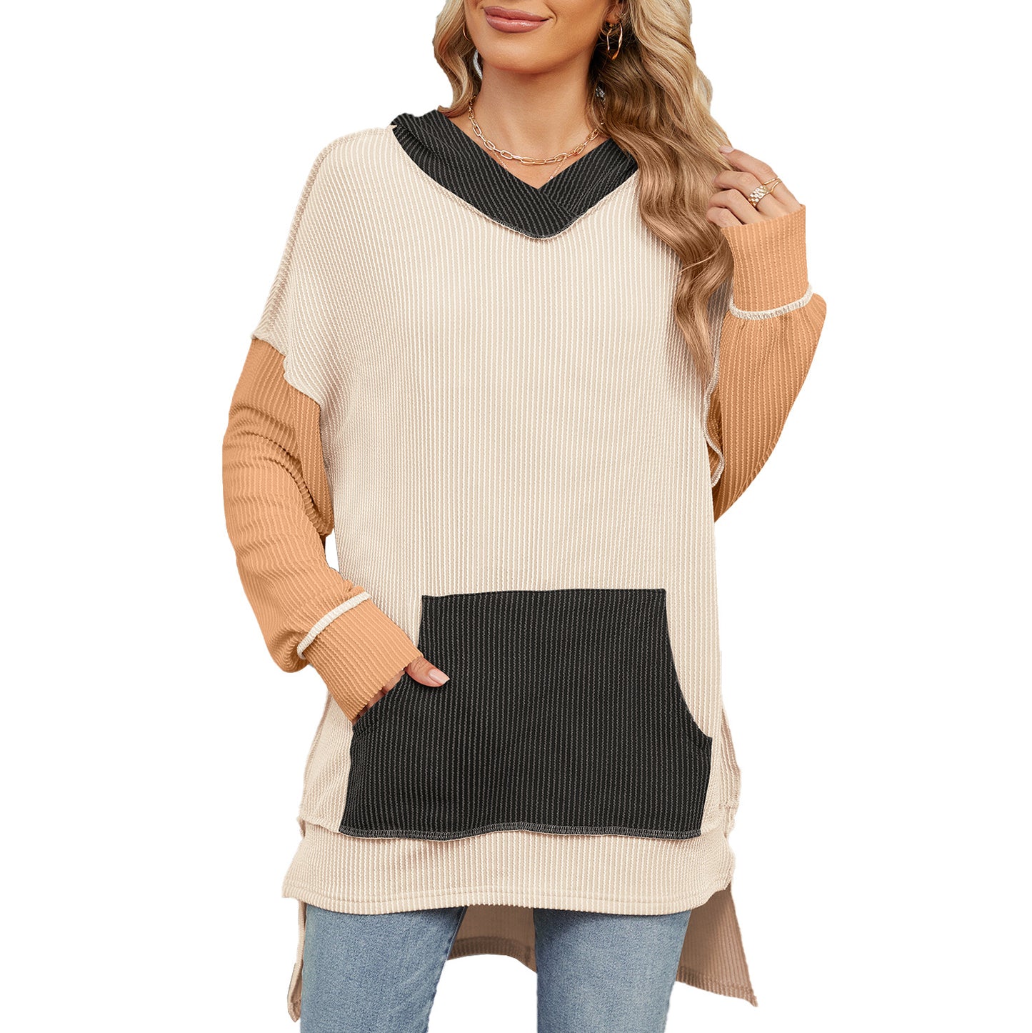 Pull long décontracté pour dames avec capuche et poche latérale Chic und Stil