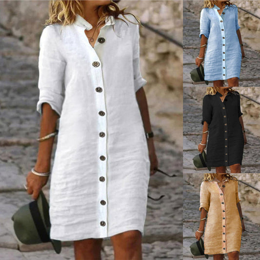 Robe chemise en lin pour femmes avec patte de boutonnage et manches retournables Chic und Stil