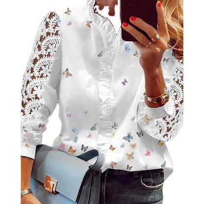 Chemisier femme avec appliques florales, détails volants et manches en dentelle Chic und Stil