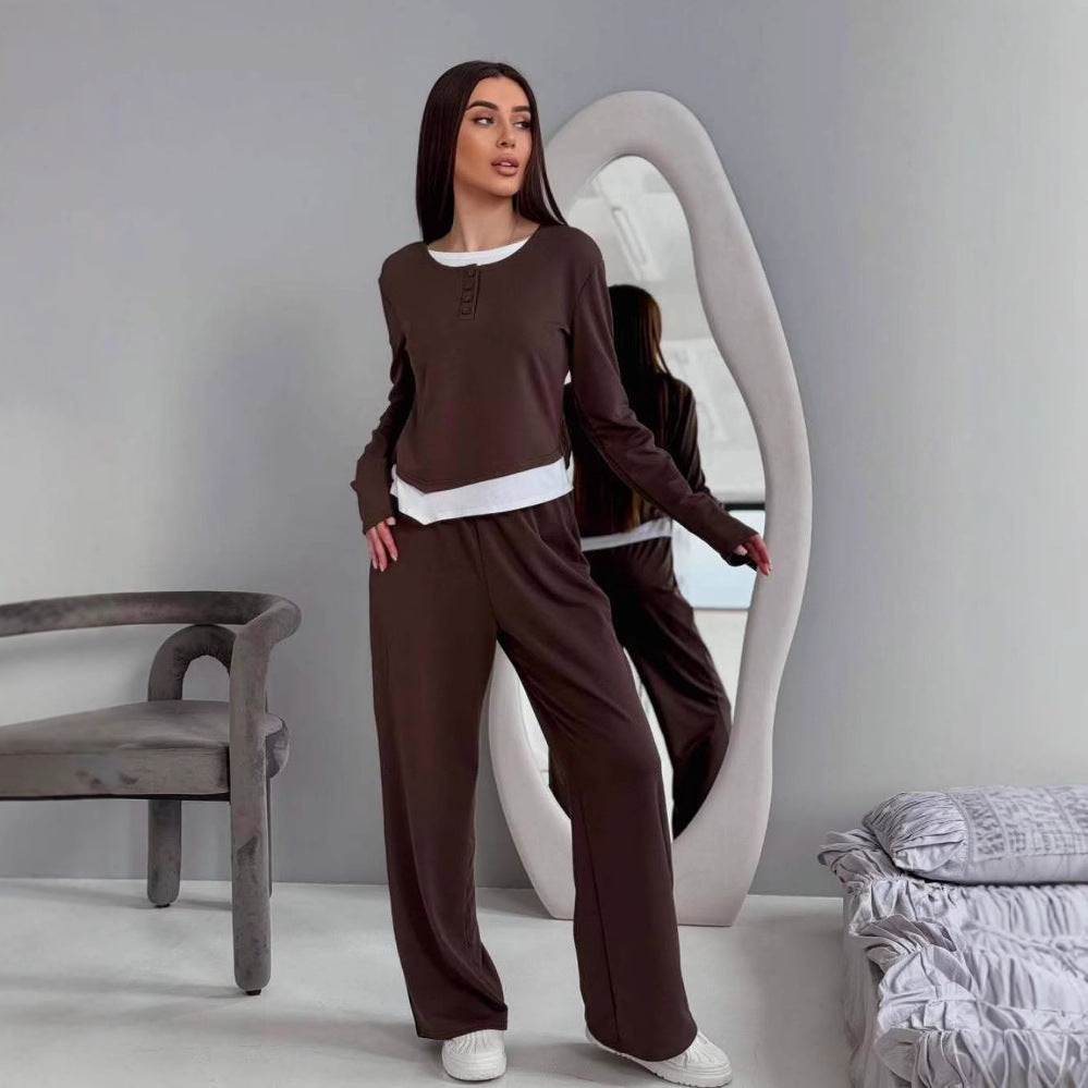 Fashionable lounge set for women with a versatile top and chic elastic pants.
