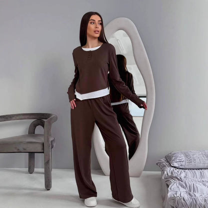 Fashionable lounge set for women with a versatile top and chic elastic pants.