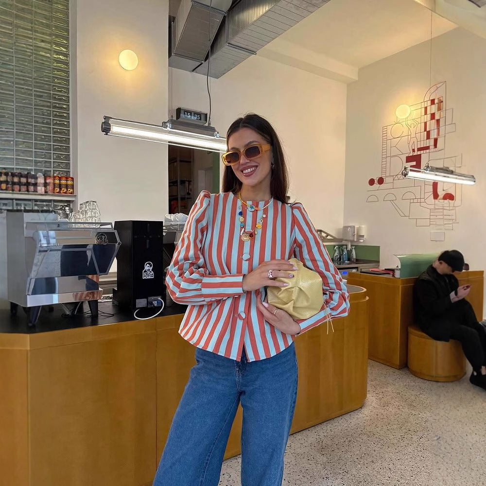 Blouse à manches longues pour femmes avec un design rayé et des manches bouffantes élégantes Chic und Stil
