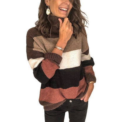 Dames pull en gros tricot à col haut et design rayé Chic und Stil