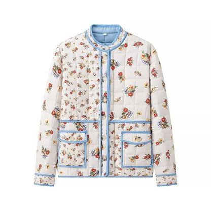 Dames Blommestikte Gewatteerde Jas met Praktische Zak en Moderne Snit Chic und Stil