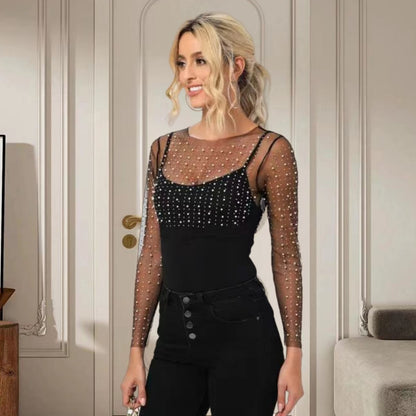 Dames Élégant haut avec manches transparentes et paillettes scintillantes Chic und Stil