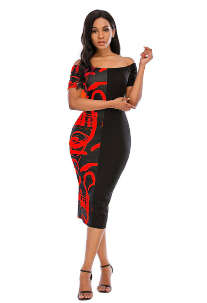 Femme Robe midi élégante à épaules dénudées avec impression graphique et silhouette cintrée Chic und Stil