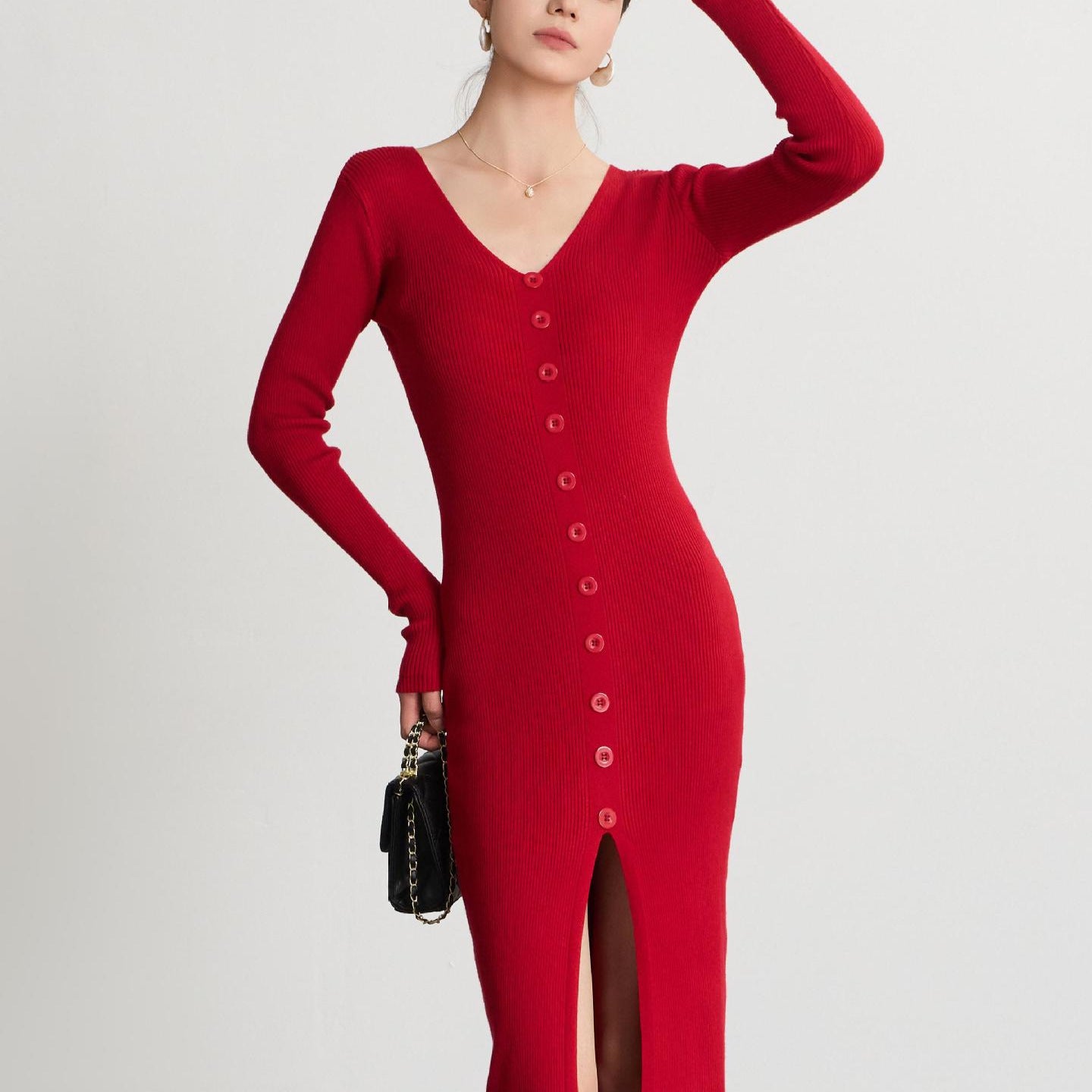 Dames Robe maxi à manches longues avec structure côtelée et détail de bouton Chic und Stil