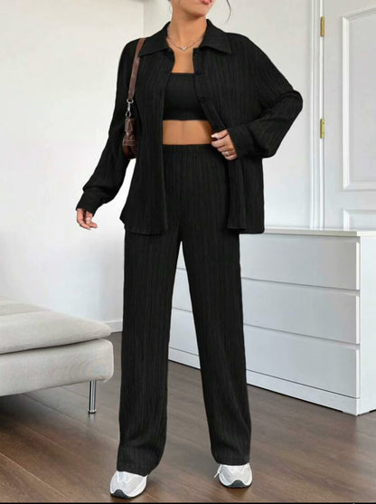 Dames Élégant Ensemble en blouse rayée et pantalon décontracté Chic und Stil