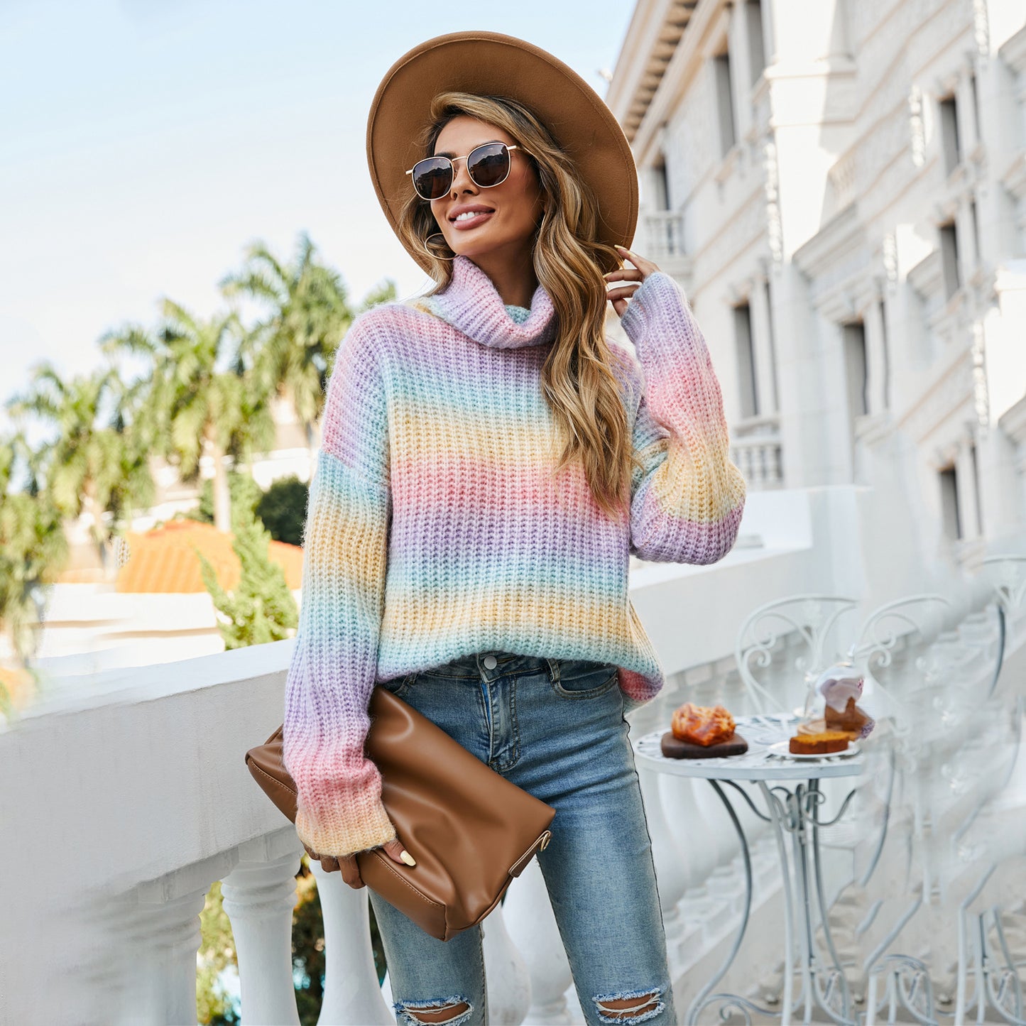Knitted pullover for women with high collar and gradient Chic and Style