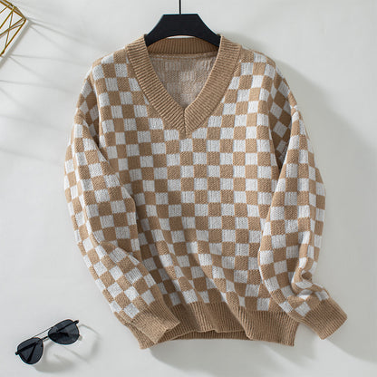 Pull femme décontracté à col en V avec motif à carreaux et coupe ample Chic und Stil