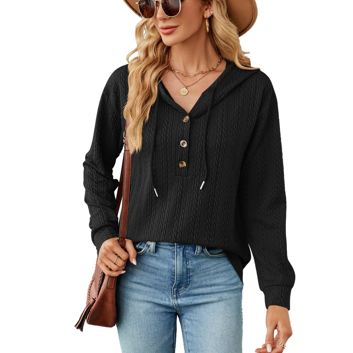 Pull à capuche décontracté pour femmes avec surface texturée et détails de boutons Chic und Stil