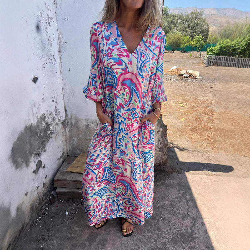 Robe maxi décontractée pour femmes avec décolleté en V et manches volumineuses Chic und Stil